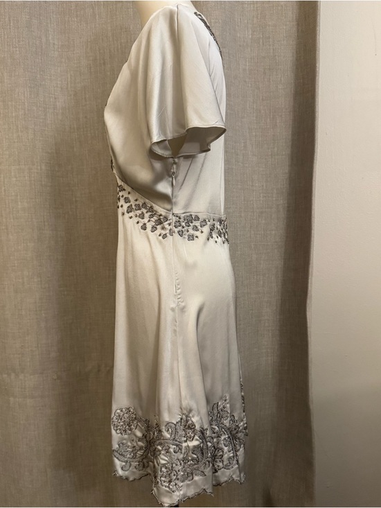 Zara Embroidered Mini Dress Pearl Gray XS Beaded V-Neck - Picture 4 of 15